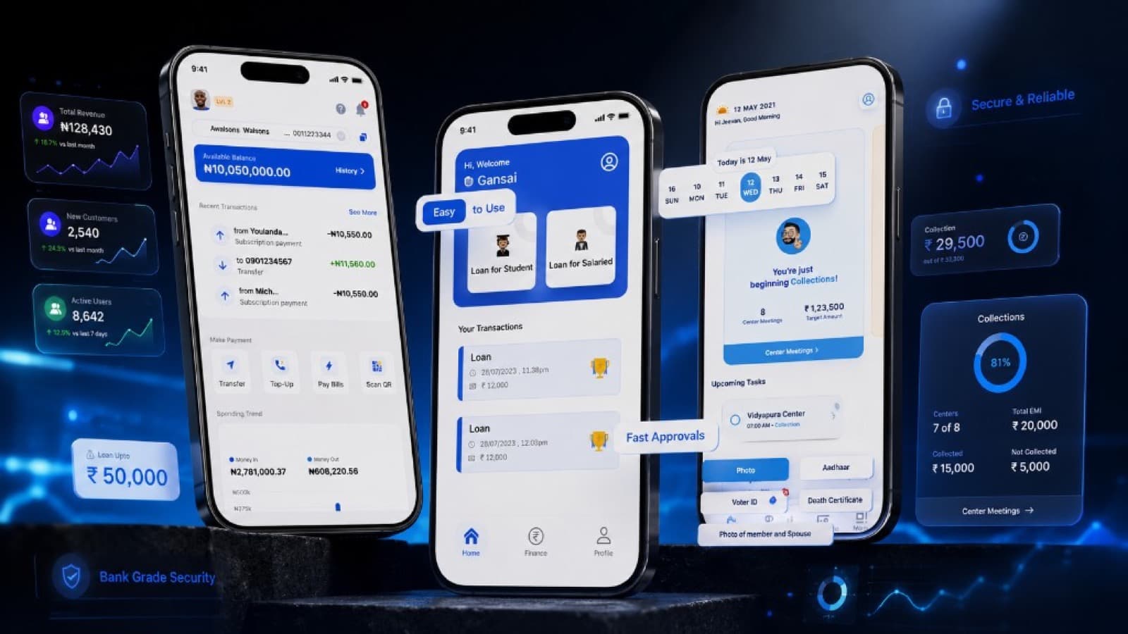 Enterprise fintech and lending mobile platform showcasing banking, loan, and collections workflows