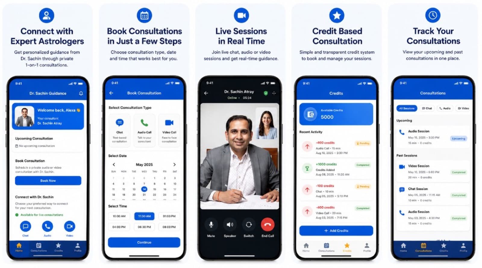 Astrology consultation mobile app with booking, live sessions, credits, and session history