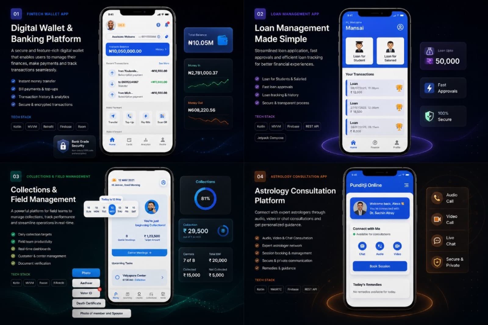 Conceptual mobile app development showcase with fintech and enterprise mobility interfaces