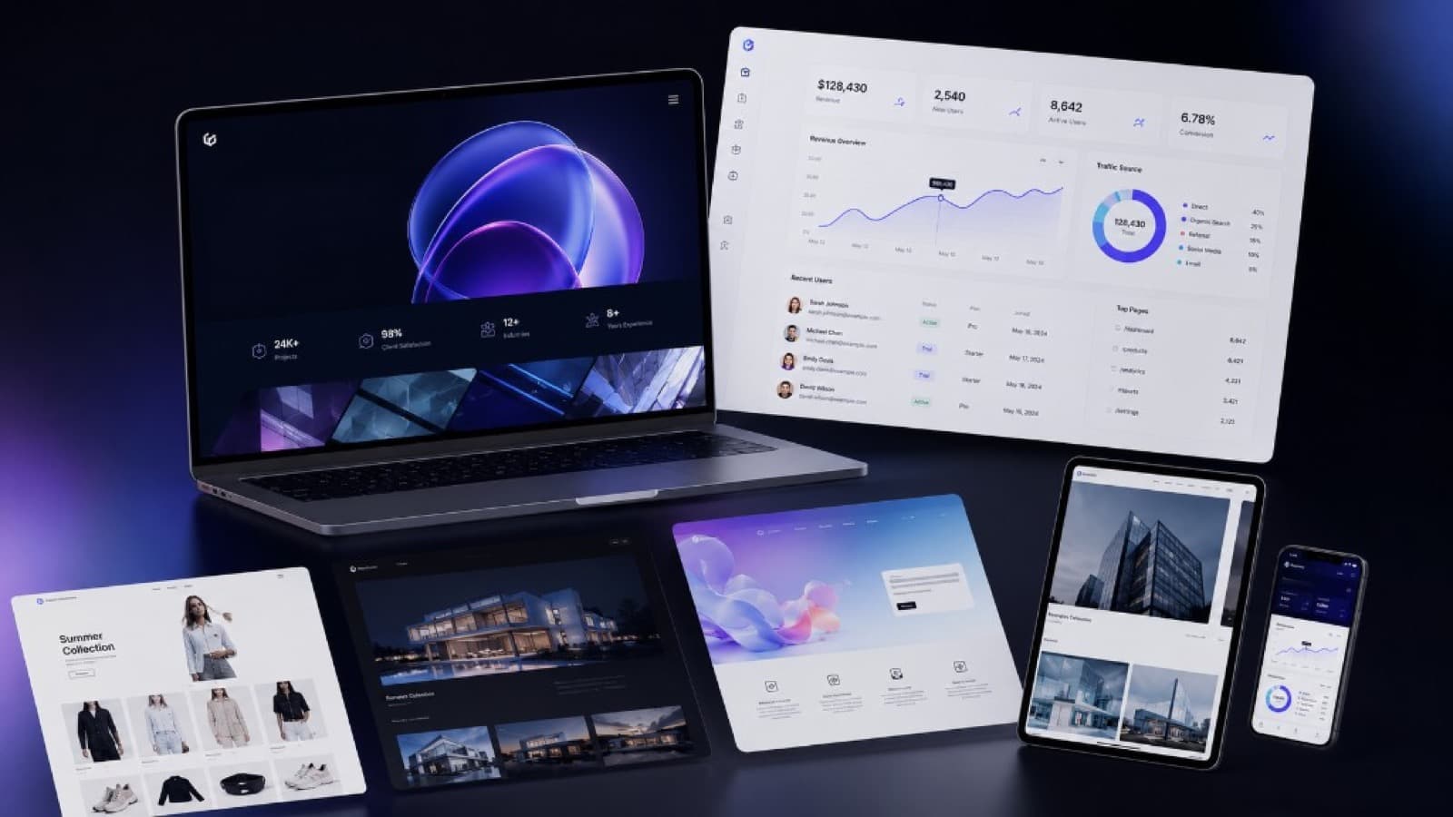 Conceptual SaaS admin dashboard with analytics, revenue charts, and lead management